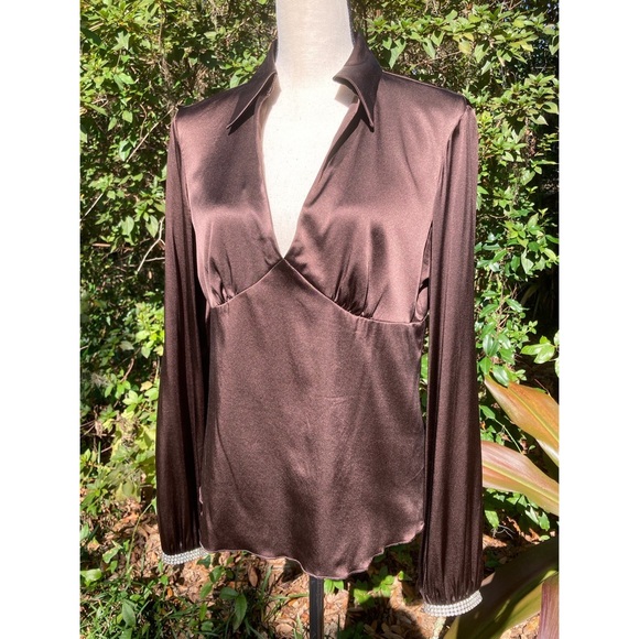 Trina Turk Brown Silk Blouse - Large, Rhinestone Cuffs Long Sleeve, Saks 5th Ave - Picture 4 of 8